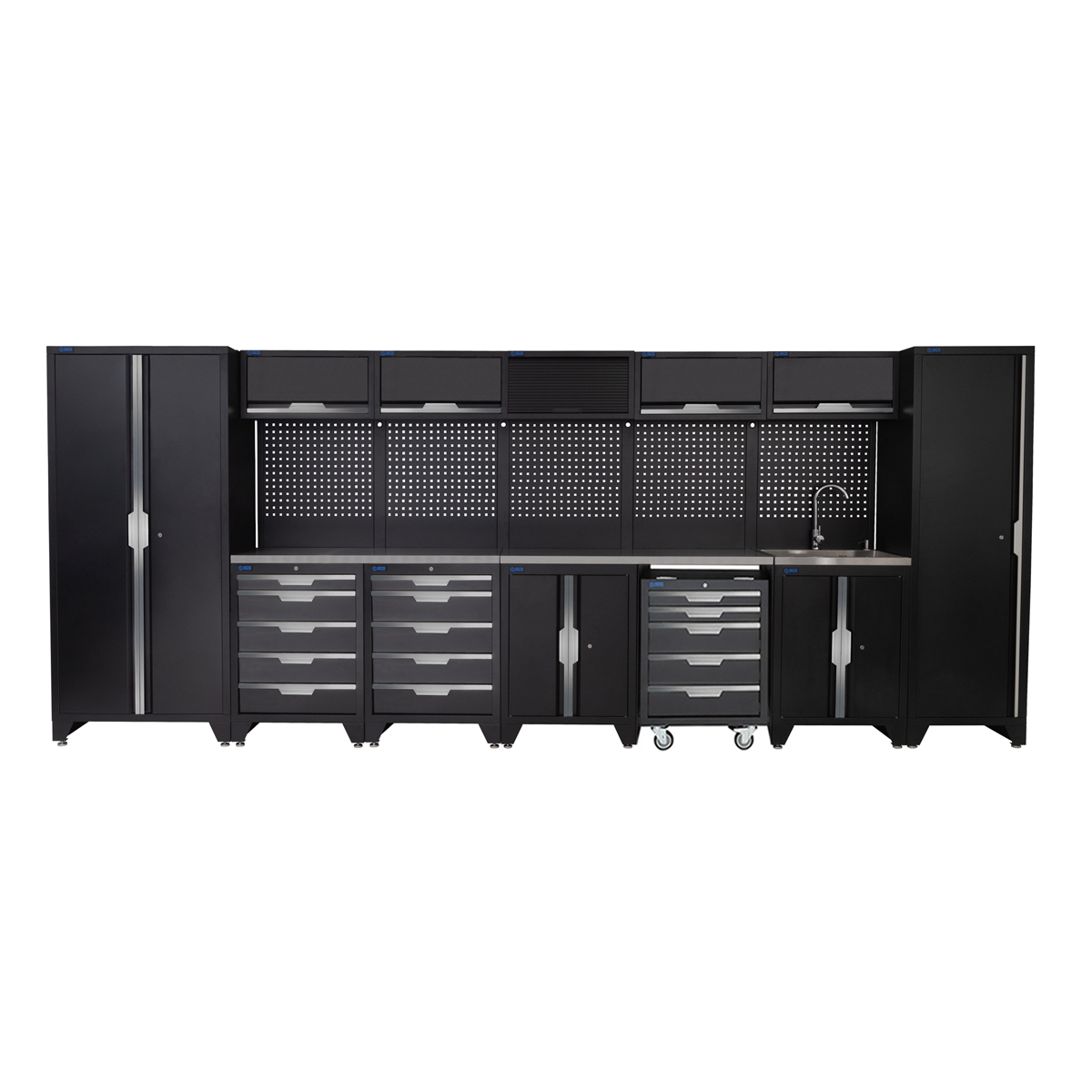 SGS 17pc Garage Storage System | 15 Drawers | Stainless Steel Worktop | Tall Single & Double Cabinets| Mobile Tool Cabinet | Sink Unit | Floor Cabinet | 5x Upper Cabinets